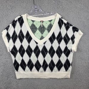 Free People Sweater Women's Through the Motions Cropped Argyle Plaid Vest SIze M